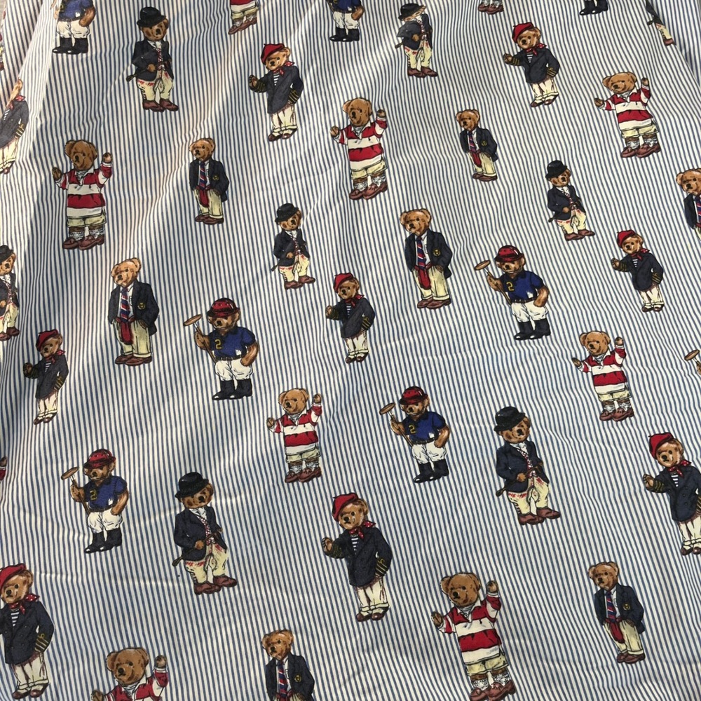 Vintage Ralph Lauren Polo Bear King Fitted Sheet Blue White Stripe Bedding 90s - Picture 2 of 4